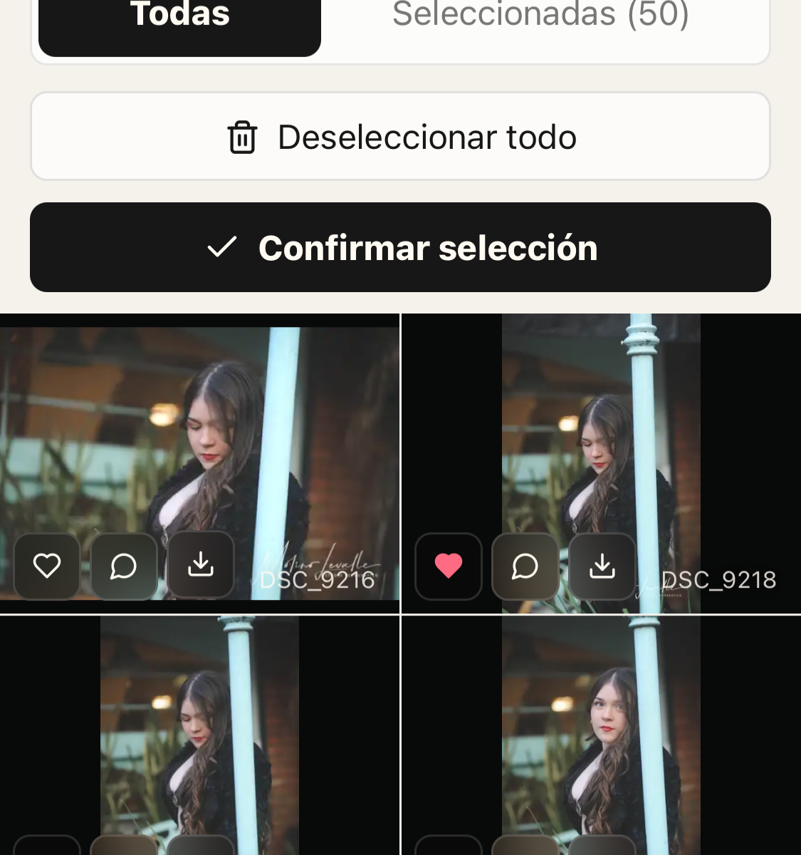 Galería real de PhotoCheck con miniaturas, favoritos y comentarios