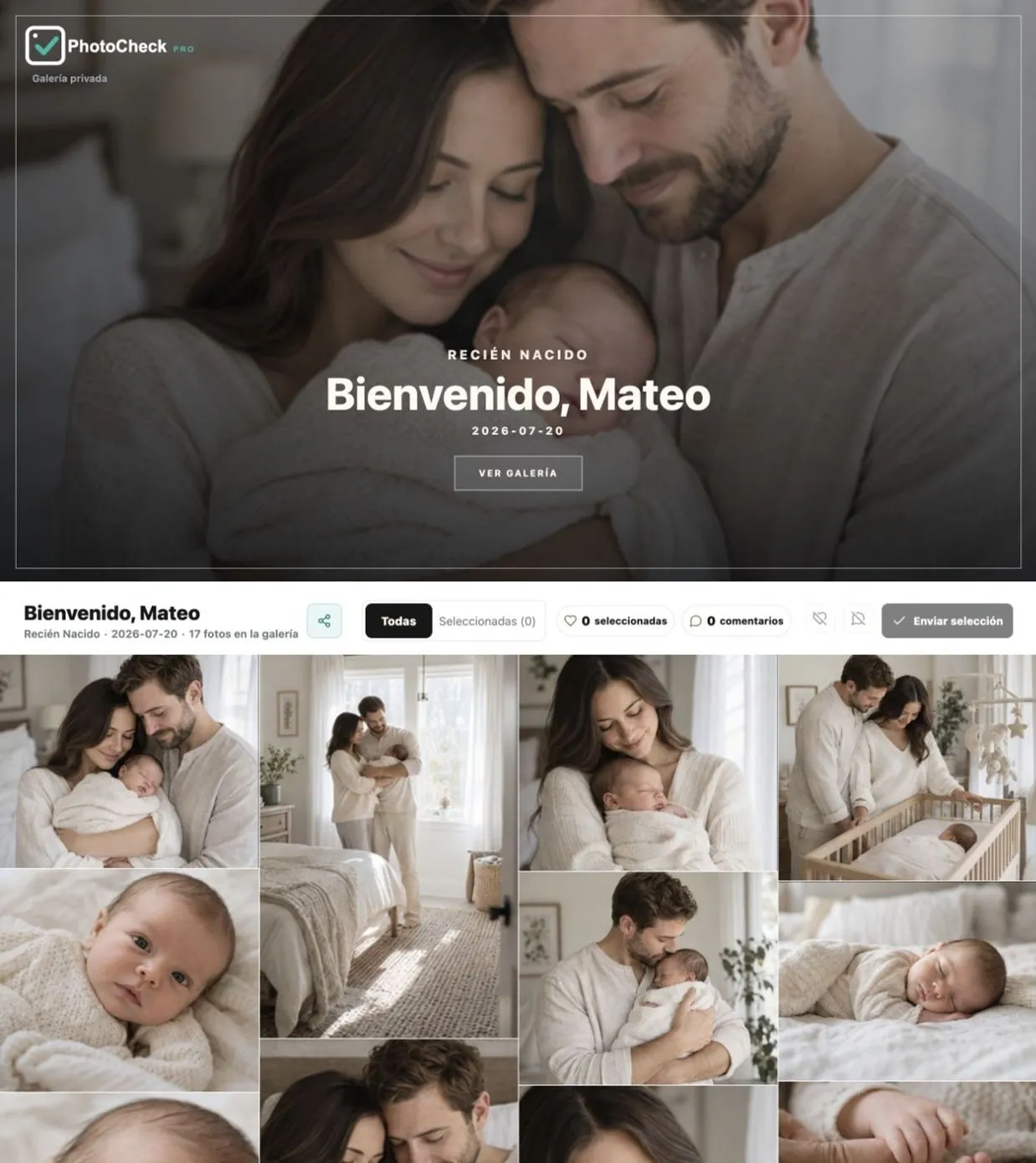 Portada y fotos de la galería Bienvenido, Mateo en PhotoCheck Pro