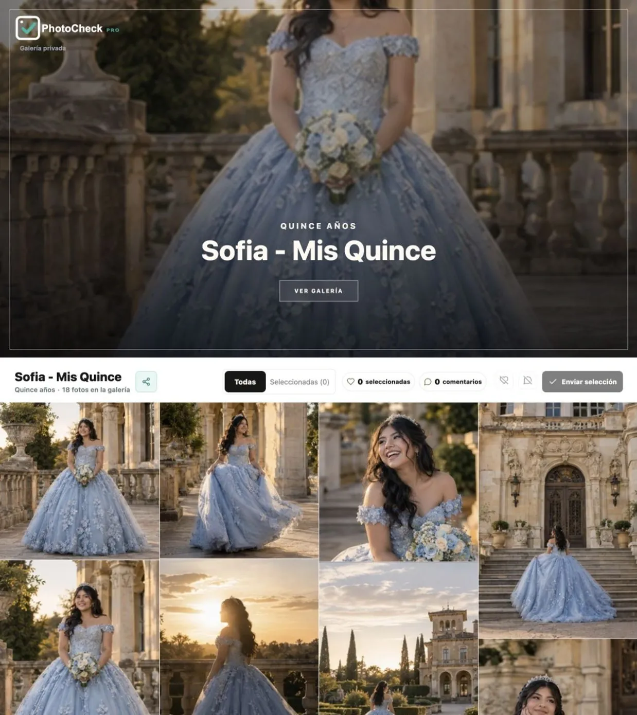 Portada y fotos de la galería Sofia - Mis Quince en PhotoCheck Pro